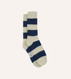 Drake’s Navy And Ecru Striped Donegal Wool Socks