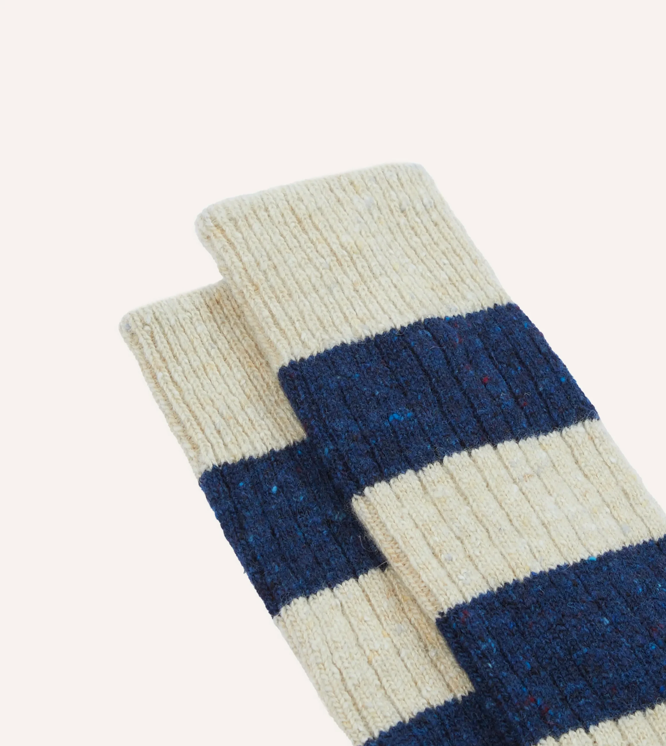 Drake’s Navy And Ecru Striped Donegal Wool Socks
