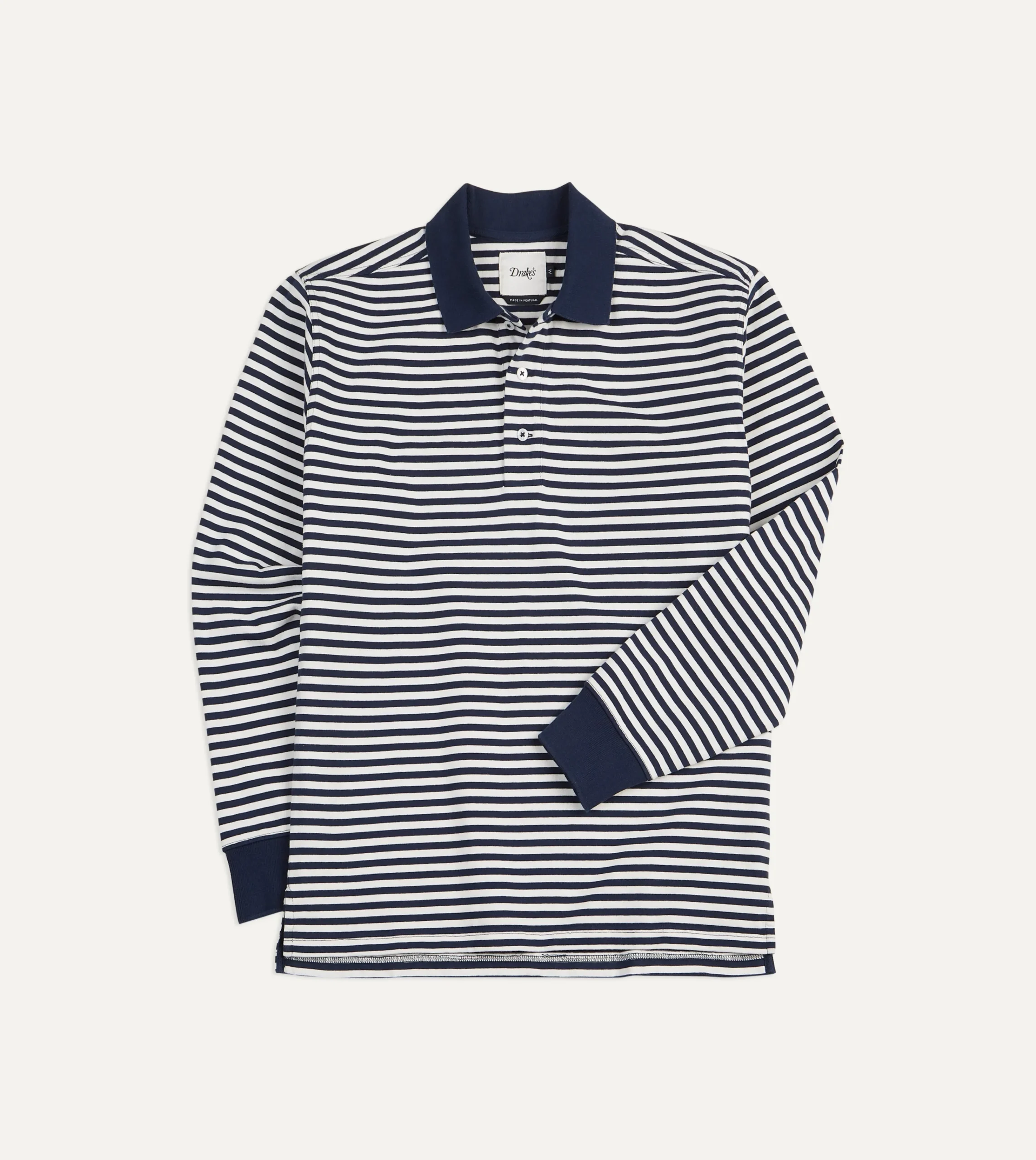 Drake’s Navy And Ecru Stripe Knitted Jersey Cotton Long-Sleeve Polo Shirt