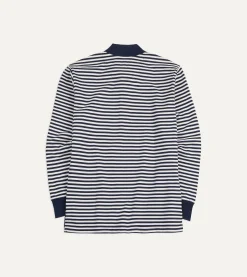 Drake’s Navy And Ecru Stripe Knitted Jersey Cotton Long-Sleeve Polo Shirt