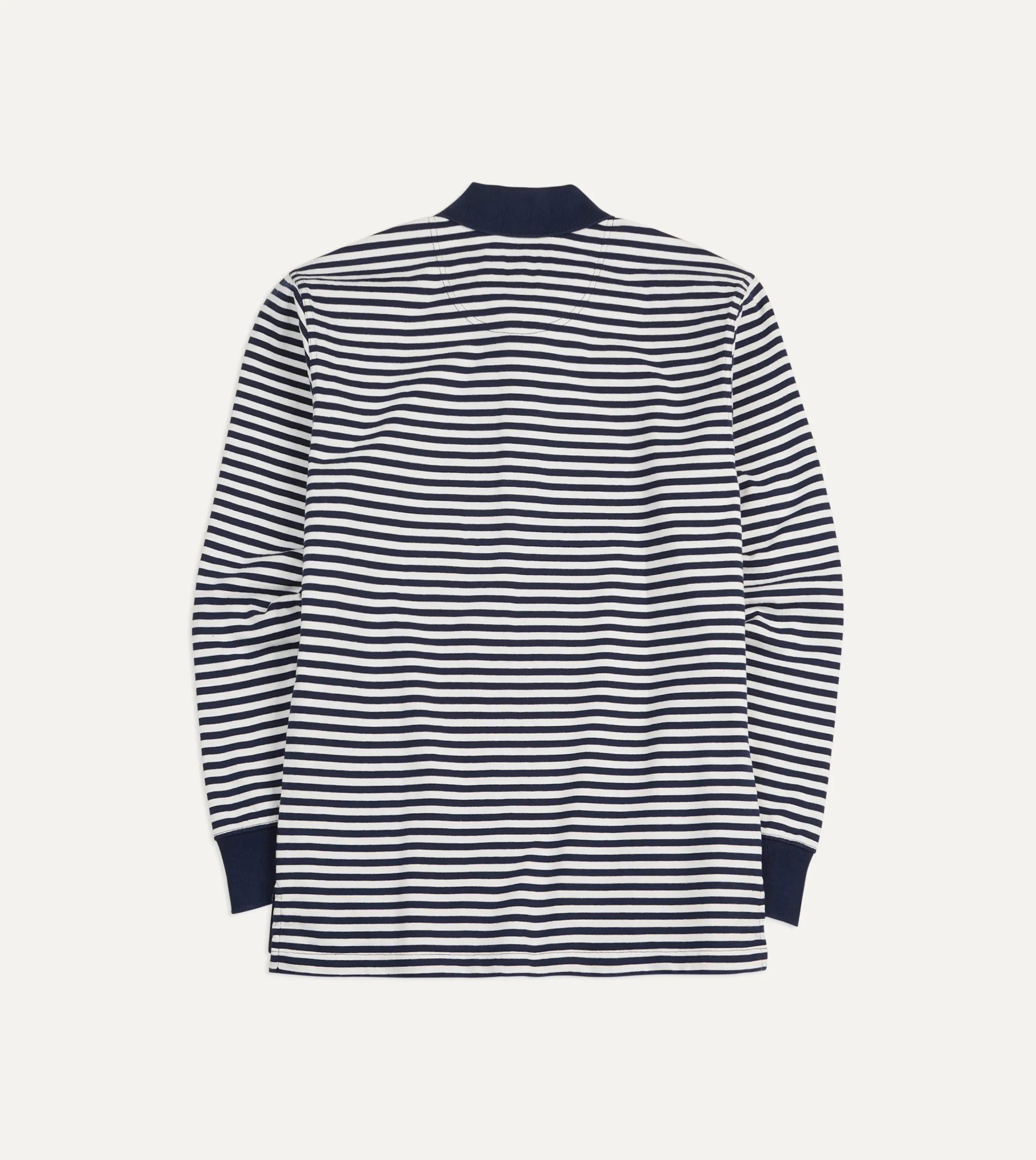 Drake’s Navy And Ecru Stripe Knitted Jersey Cotton Long-Sleeve Polo Shirt