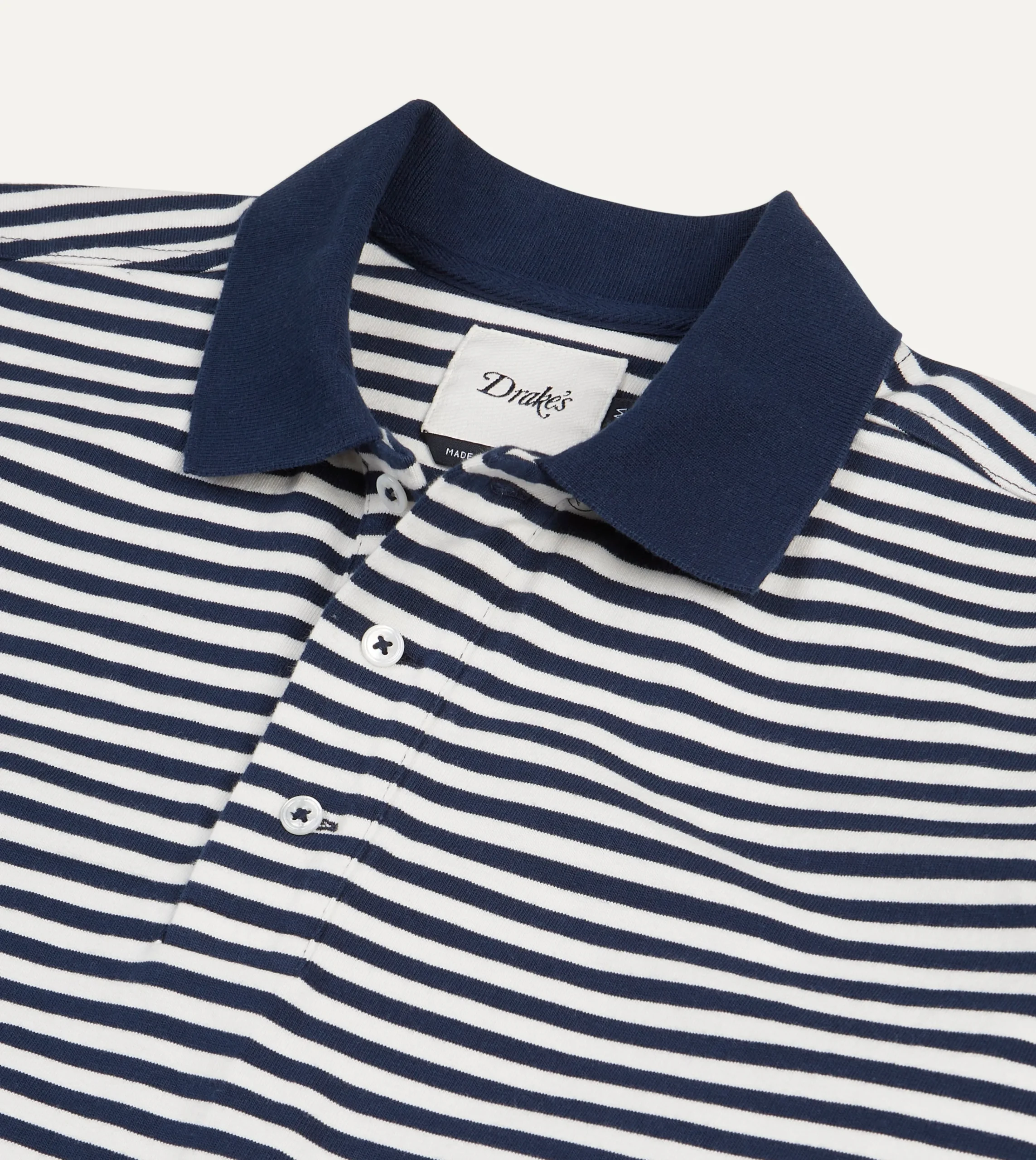 Drake’s Navy And Ecru Stripe Knitted Jersey Cotton Long-Sleeve Polo Shirt