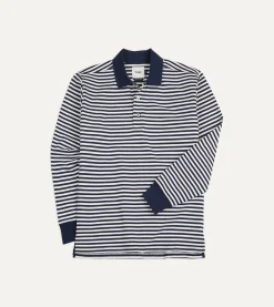 Drake’s Navy And Ecru Stripe Knitted Jersey Cotton Long-Sleeve Polo Shirt