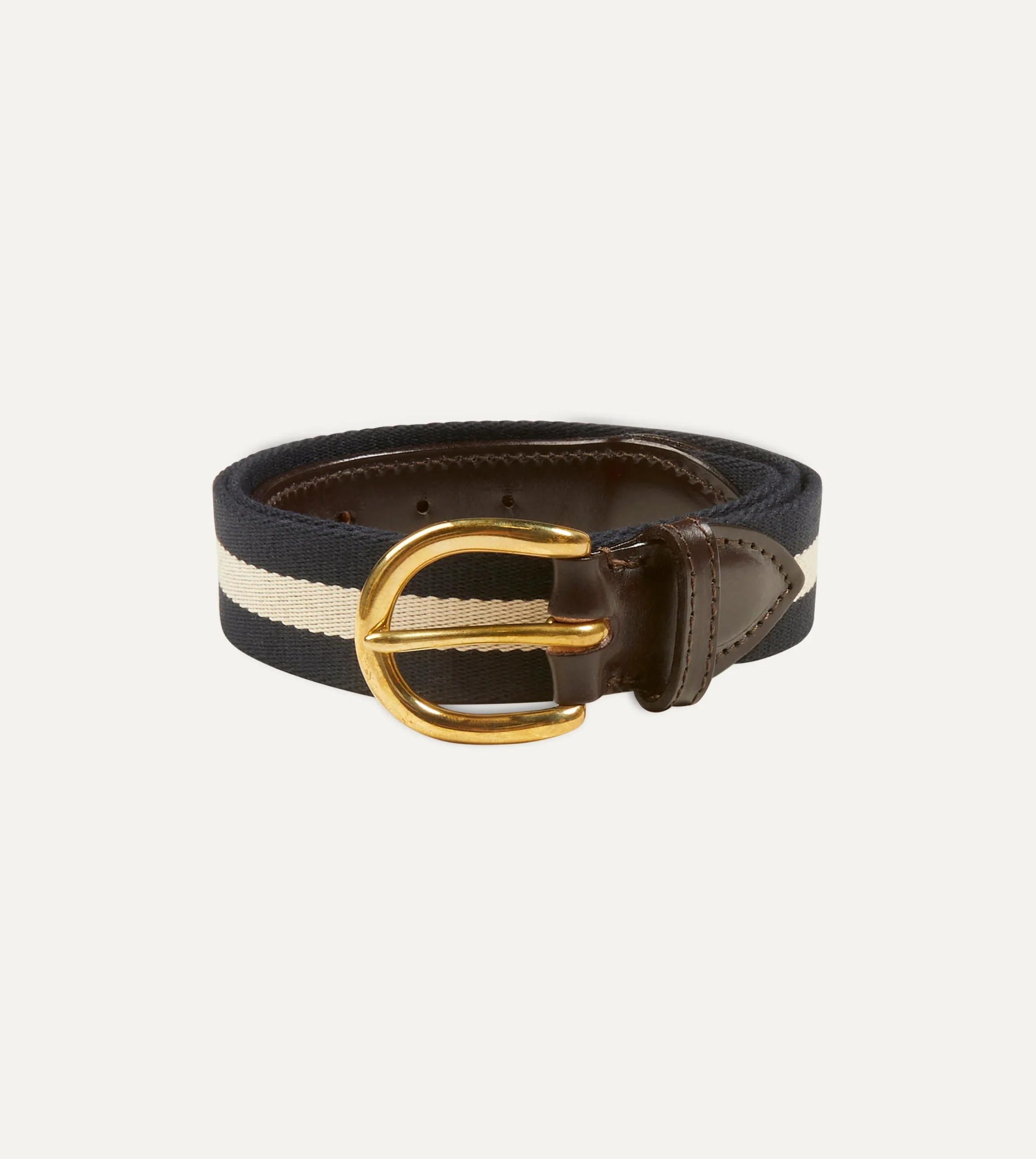 Drake’s Navy And Ecru Stripe Webbing And Leather Belt With Brass Buckle