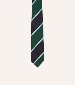 Drake’s Navy And Green Broad Stripe Mogador Silk Tipped Tie