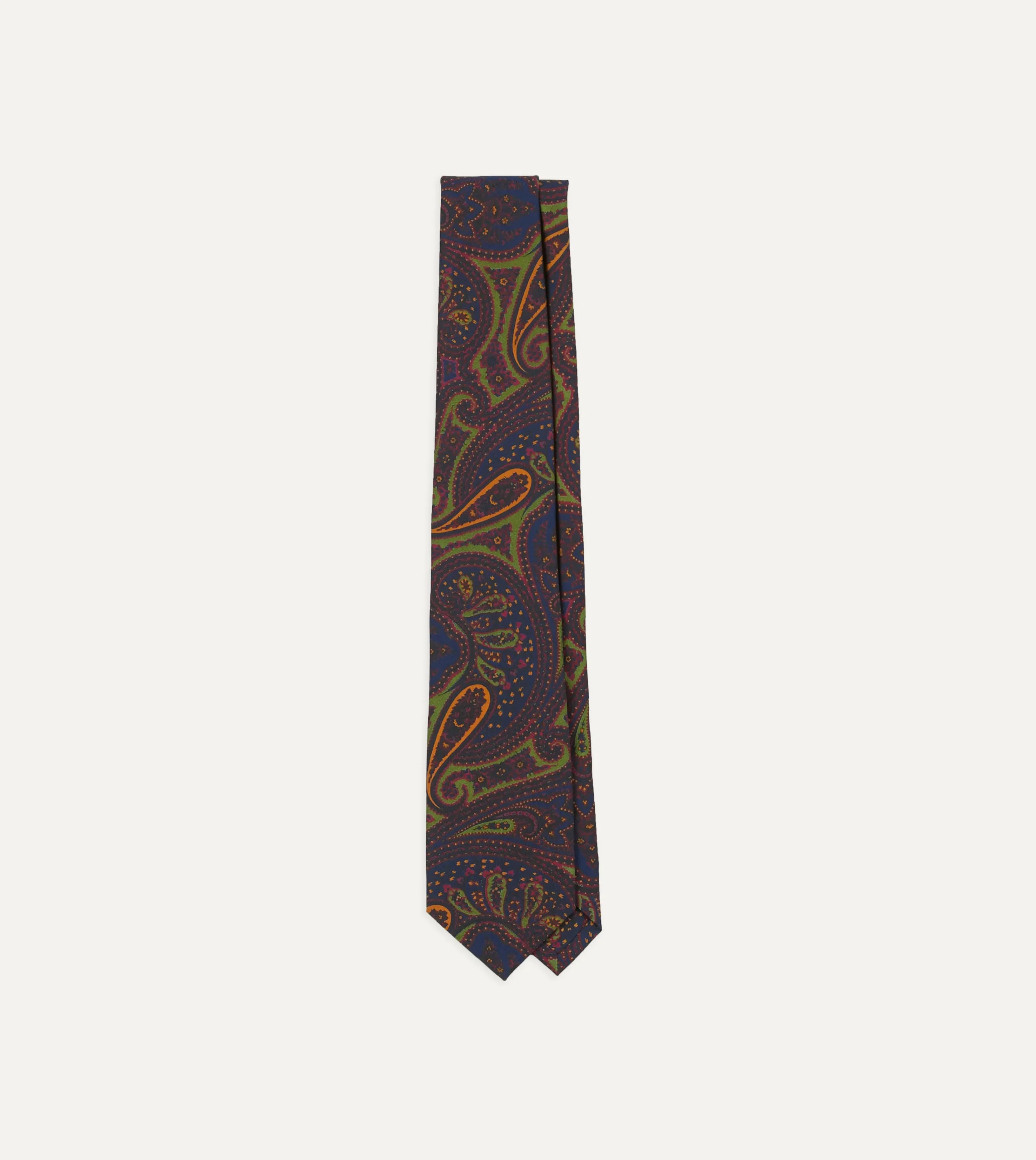 Drake’s Navy And Green Large Paisley Print Madder Silk Self Tipped Tie