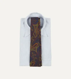 Drake’s Navy And Green Large Paisley Print Madder Silk Self Tipped Tie
