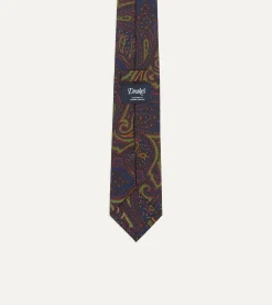 Drake’s Navy And Green Large Paisley Print Madder Silk Self Tipped Tie