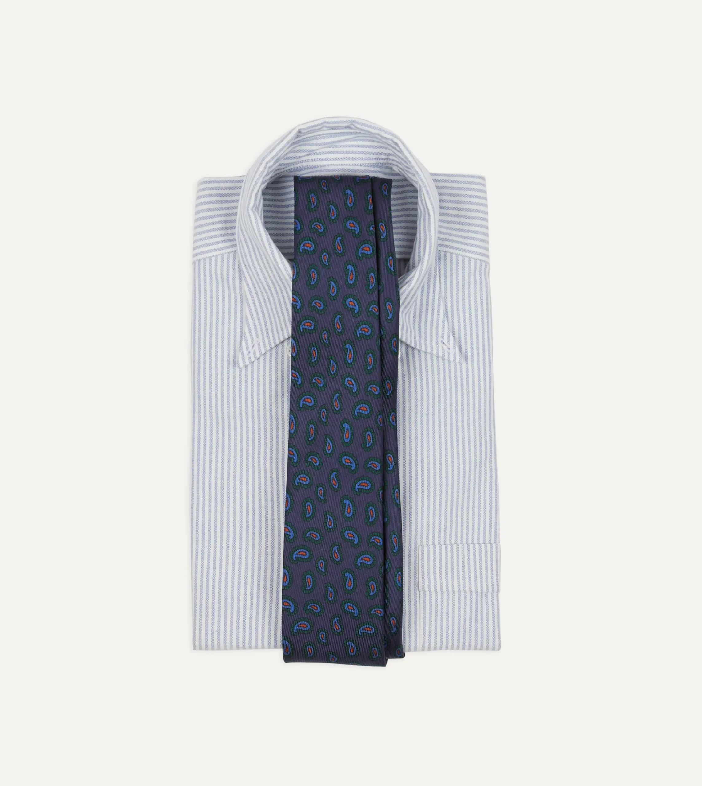 Drake’s Navy And Green Paisley Leaf Print Silk Self-Tipped Tie