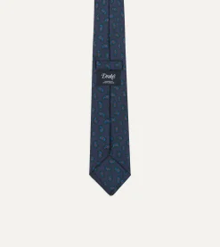 Drake’s Navy And Green Paisley Leaf Print Silk Self-Tipped Tie