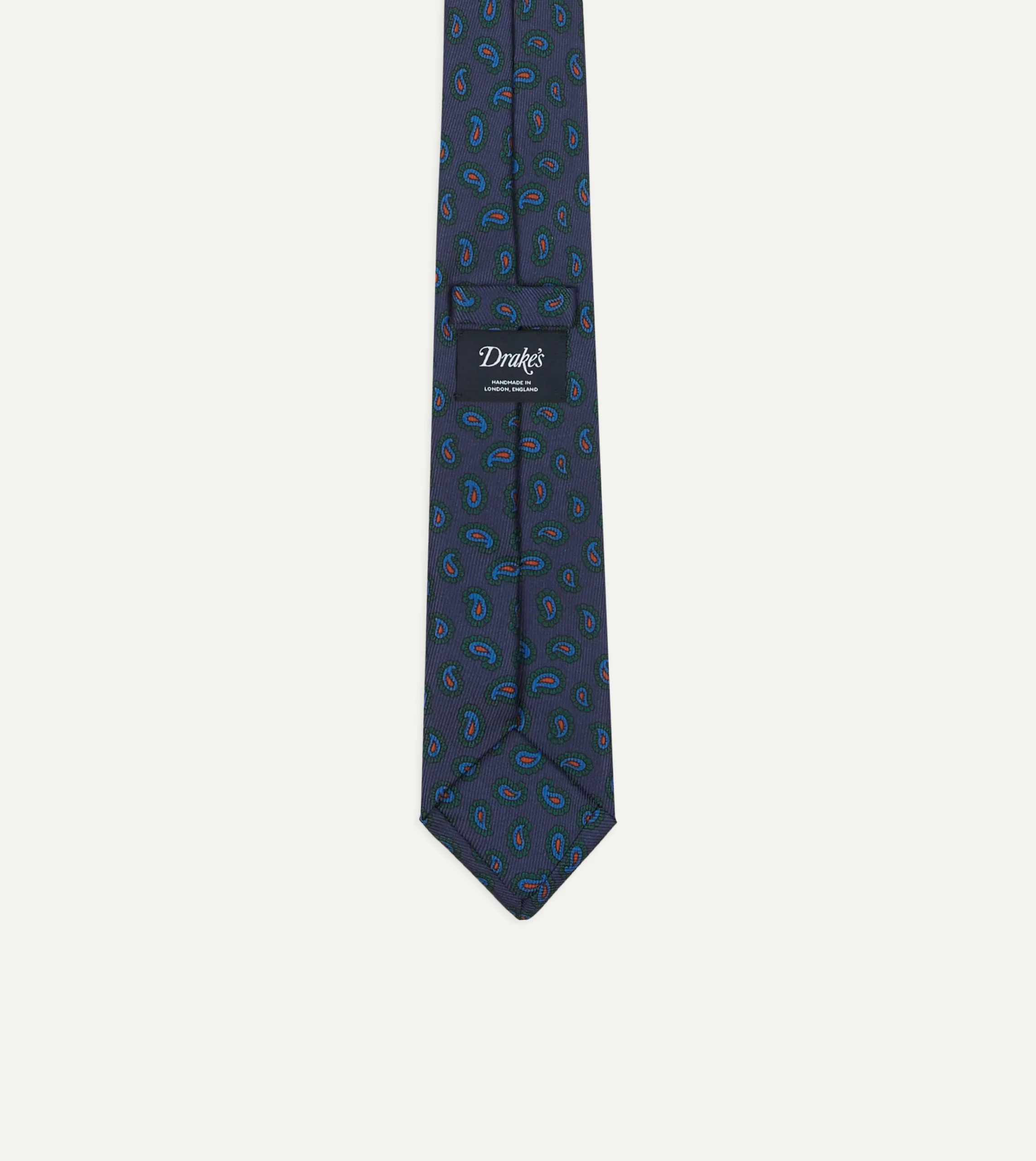 Drake’s Navy And Green Paisley Leaf Print Silk Self-Tipped Tie