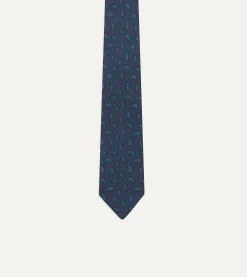 Drake’s Navy And Green Paisley Leaf Print Silk Self-Tipped Tie
