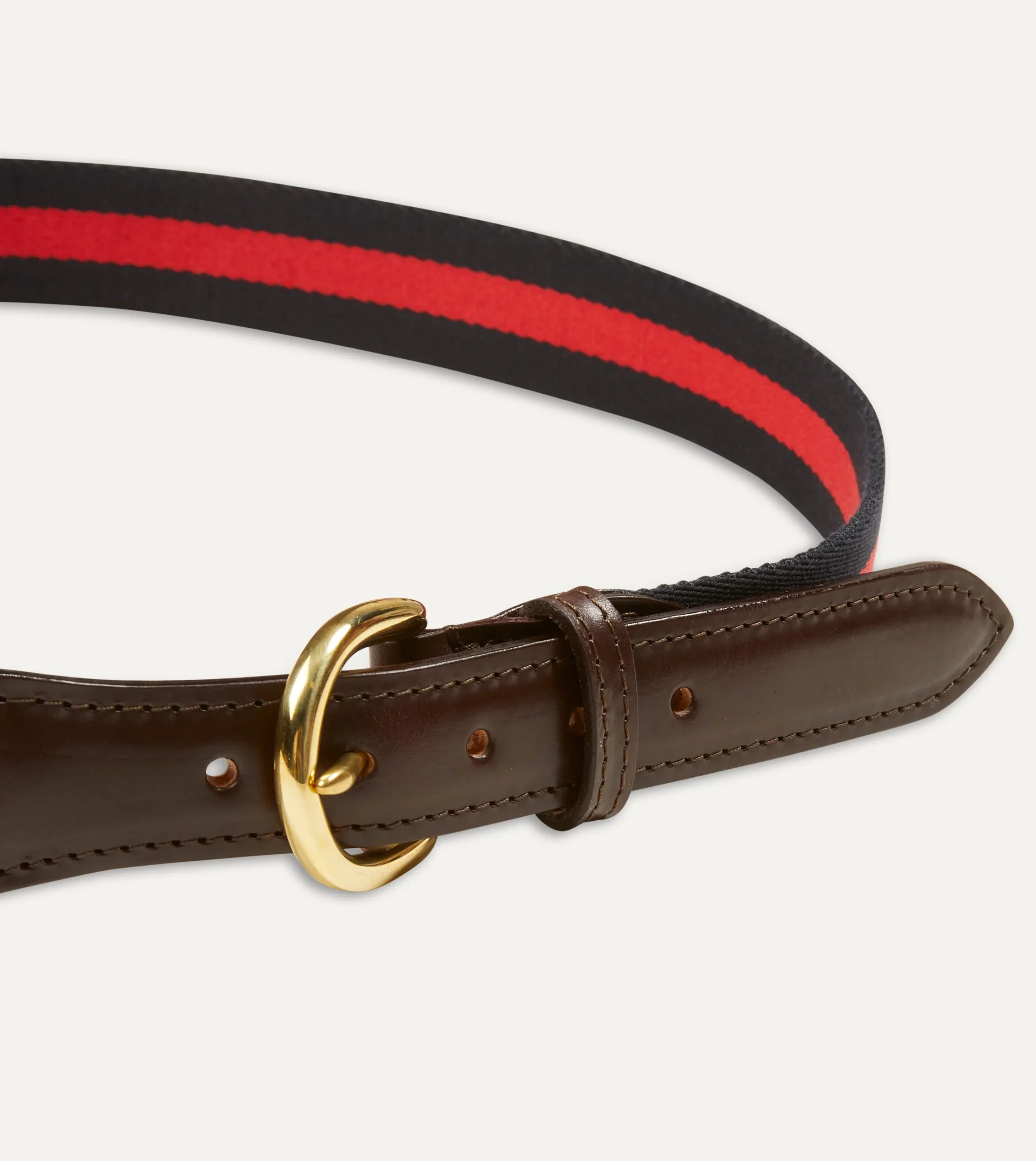 Drake’s Navy And Red Stripe Webbing And Leather Belt With Brass Buckle