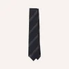 Drake’s Navy And White Dashed Stripe Hand Rolled Silk Grenadine Tie