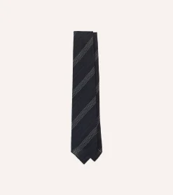 Drake’s Navy And White Dashed Stripe Hand Rolled Silk Grenadine Tie