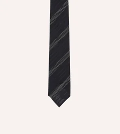 Drake’s Navy And White Dashed Stripe Hand Rolled Silk Grenadine Tie