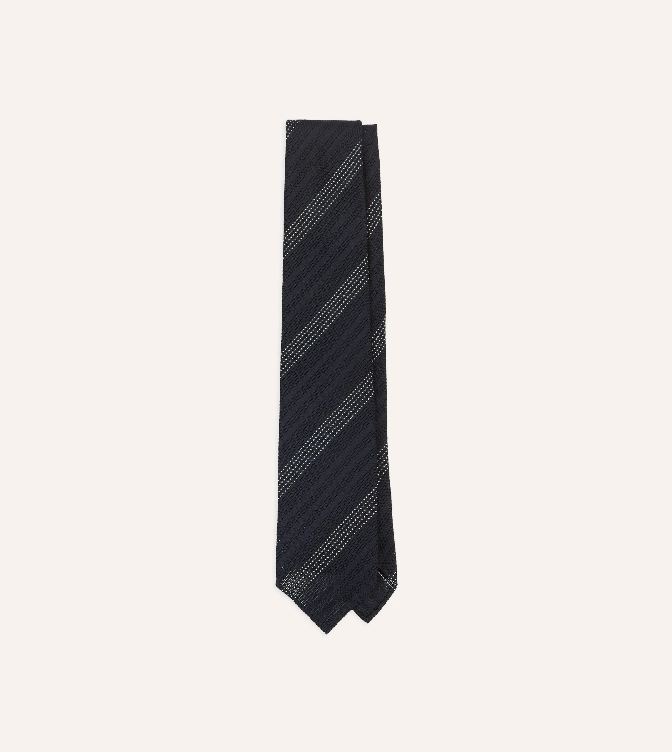 Drake’s Navy And White Dashed Stripe Hand Rolled Silk Grenadine Tie