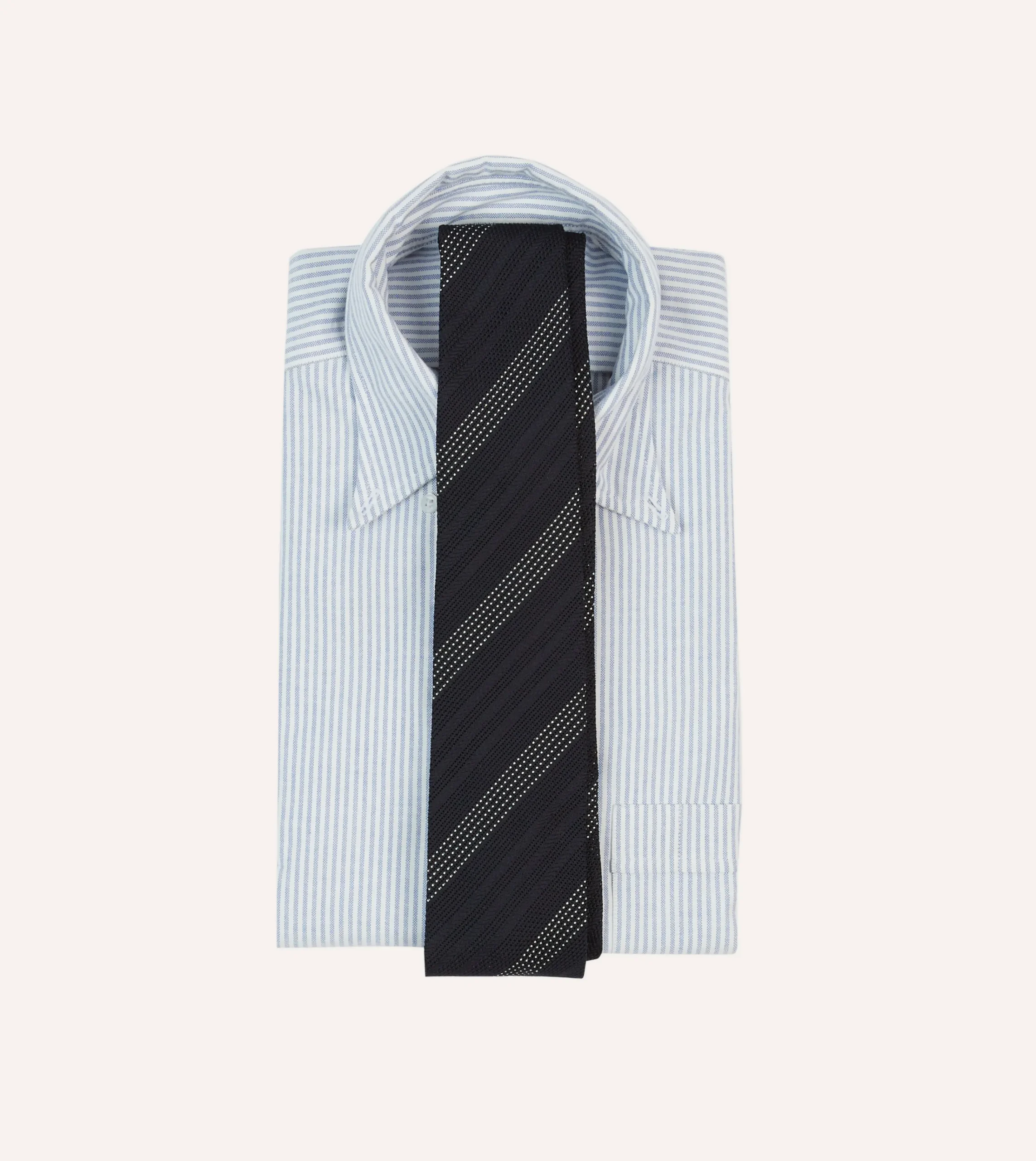 Drake’s Navy And White Dashed Stripe Hand Rolled Silk Grenadine Tie