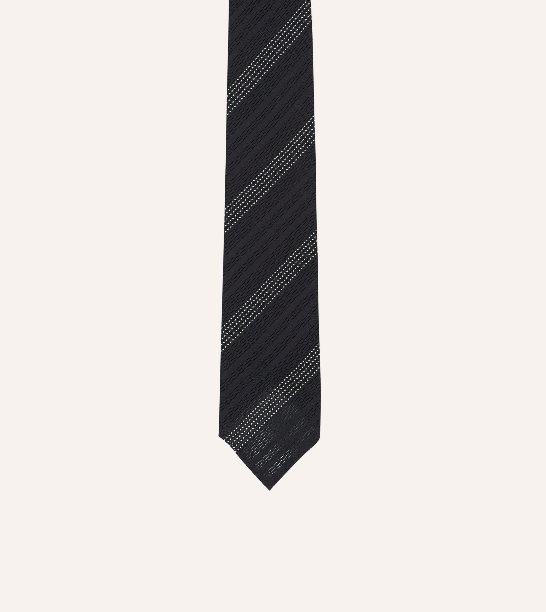 Drake’s Navy And White Dashed Stripe Hand Rolled Silk Grenadine Tie
