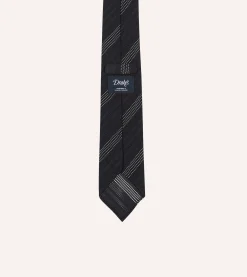 Drake’s Navy And White Dashed Stripe Hand Rolled Silk Grenadine Tie