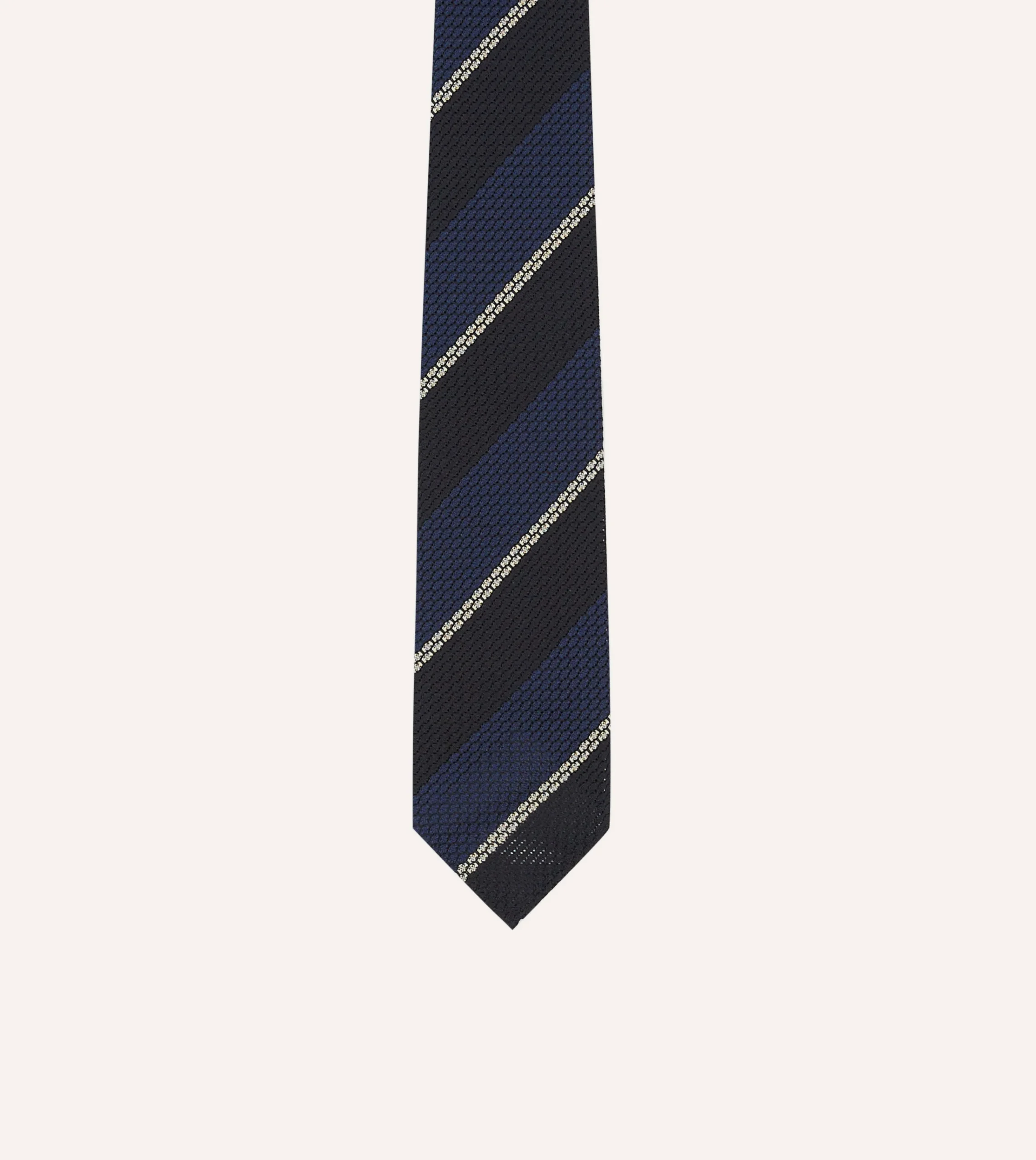 Drake’s Navy And White Multi Stripe Hand Rolled Silk Grenadine Tie