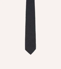 Drake’s Navy And White Stitch Fine Woven Grenadine Silk Tipped Tie