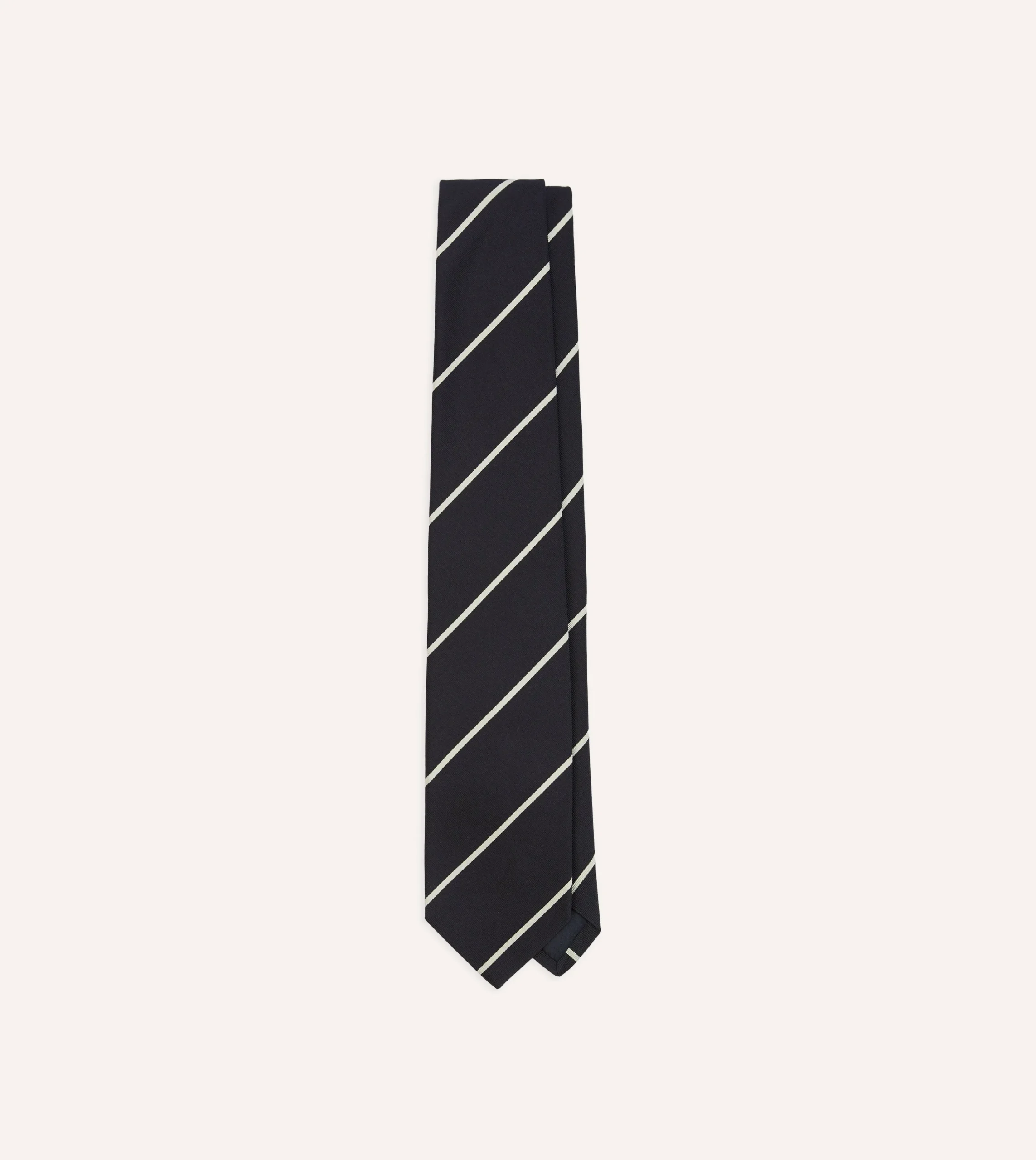 Drake’s Navy And White Stripe Hand Rolled Silk Grenadine Tie