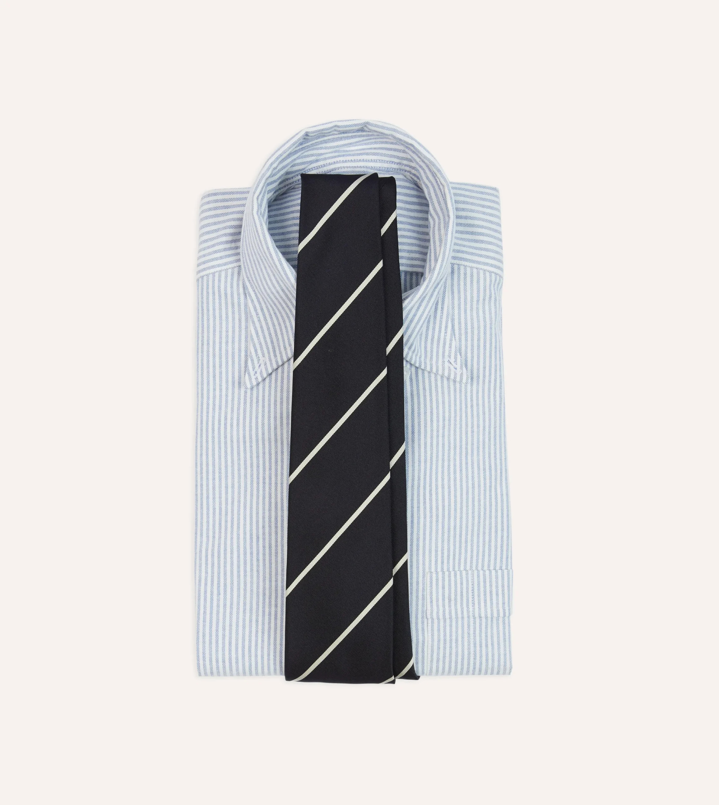 Drake’s Navy And White Stripe Hand Rolled Silk Grenadine Tie