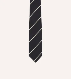 Drake’s Navy And White Stripe Hand Rolled Silk Grenadine Tie