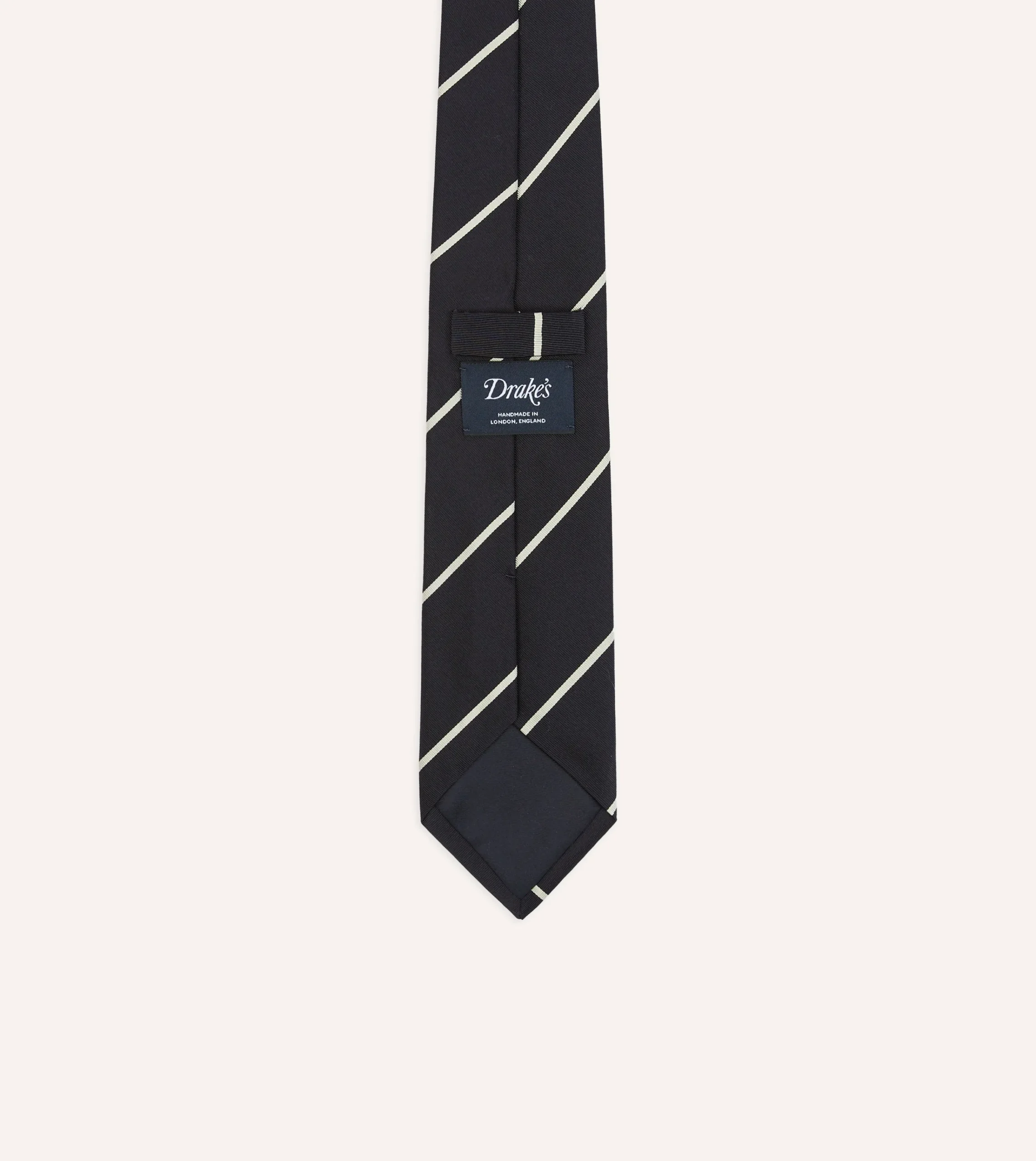 Drake’s Navy And White Stripe Hand Rolled Silk Grenadine Tie