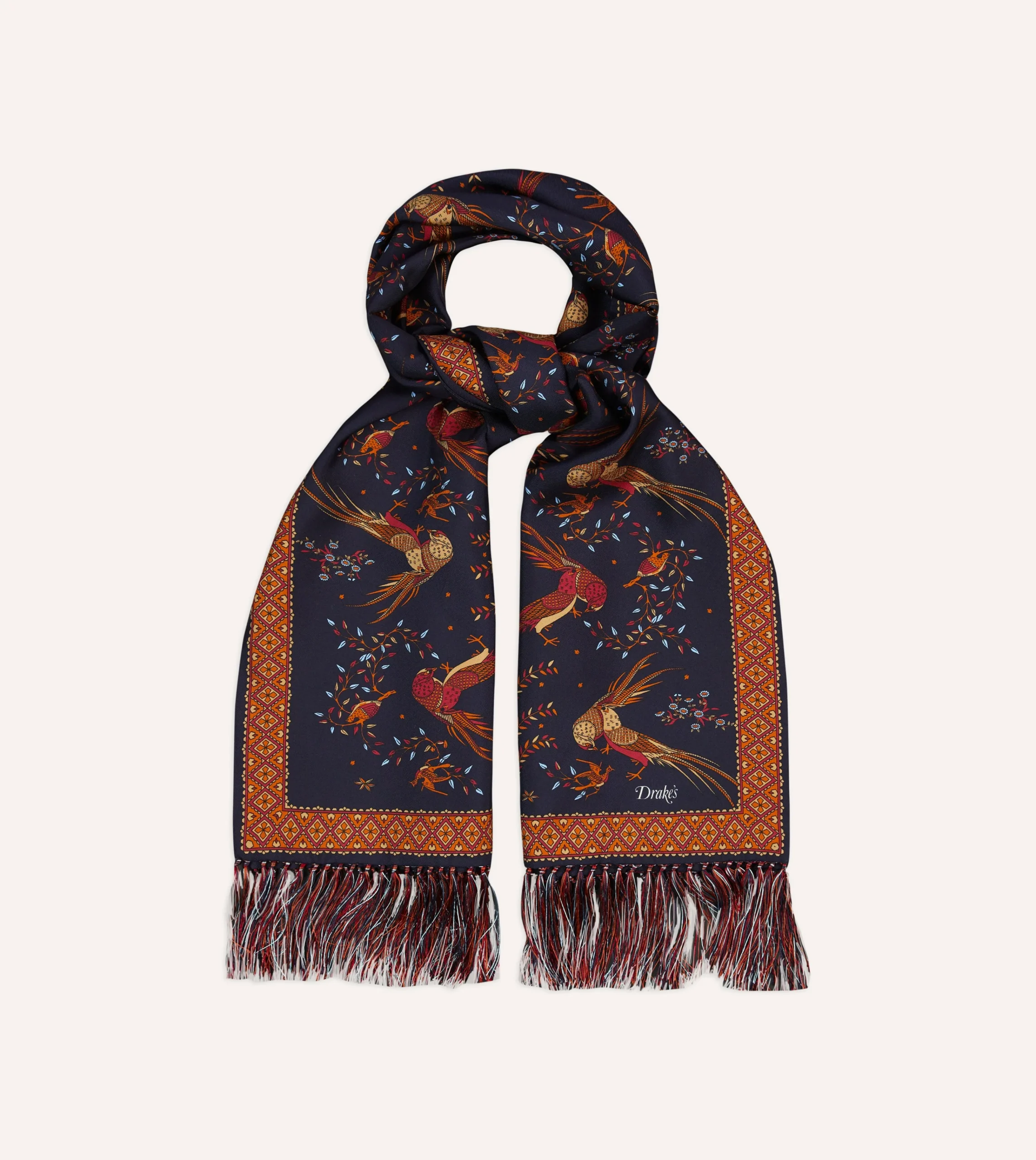 Drake’s Birds Of Paradise Print Tubular Silk Tasselled Scarf