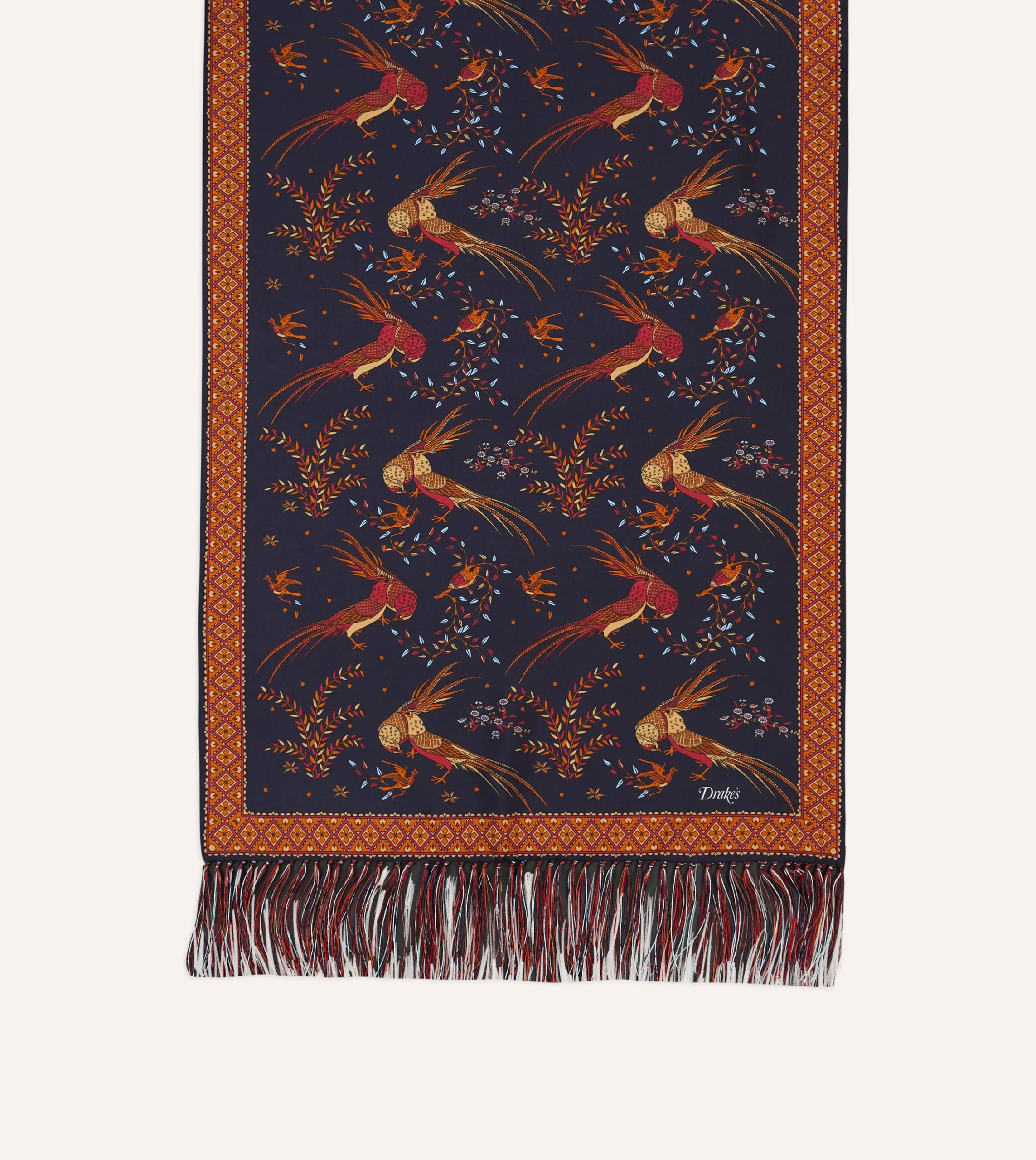 Drake’s Birds Of Paradise Print Tubular Silk Tasselled Scarf