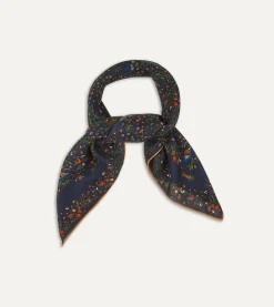 Drake’s Navy Birds Of Paradise Print Wool-Silk Square Scarf