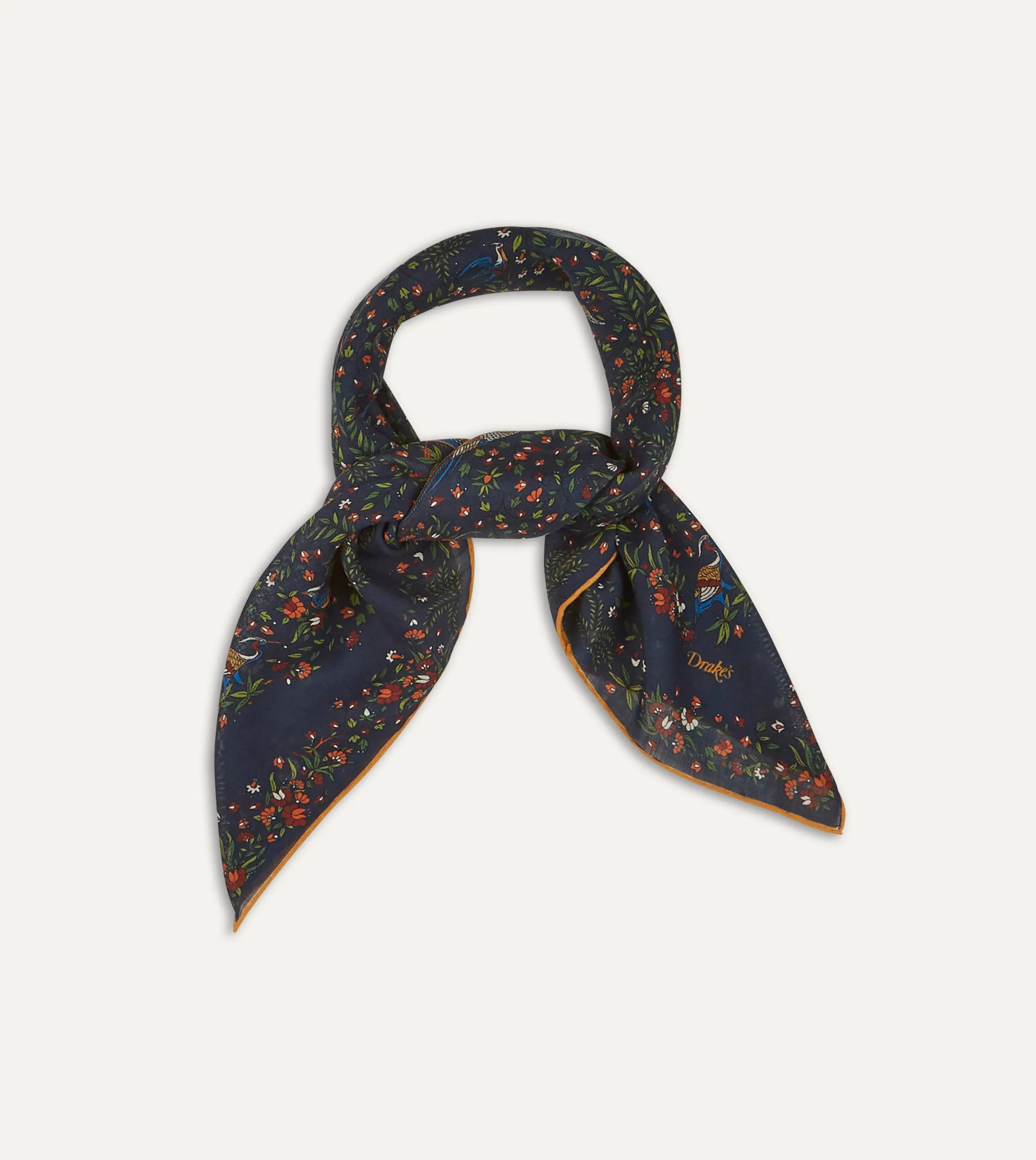 Drake’s Navy Birds Of Paradise Print Wool-Silk Square Scarf