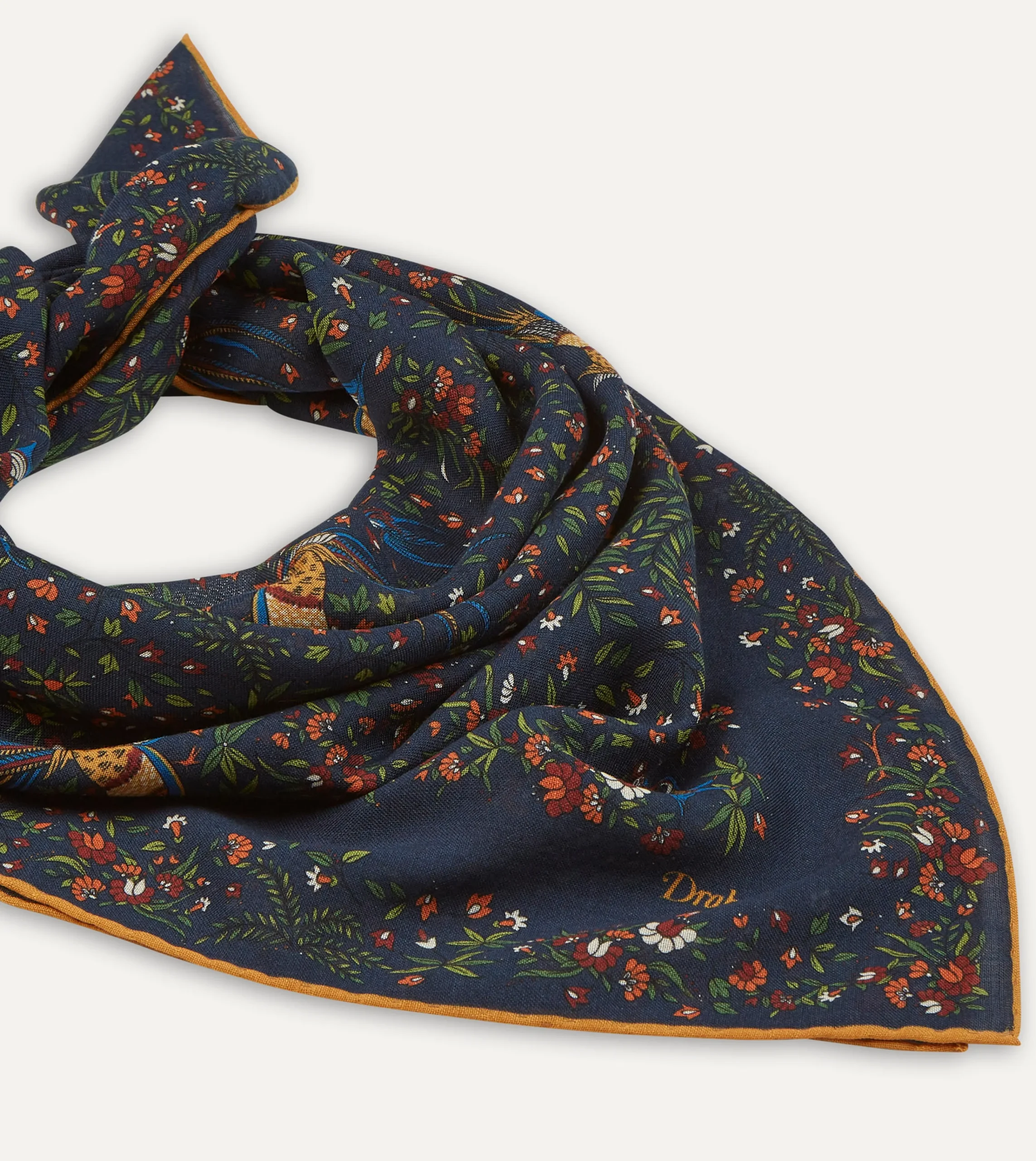 Drake’s Navy Birds Of Paradise Print Wool-Silk Square Scarf