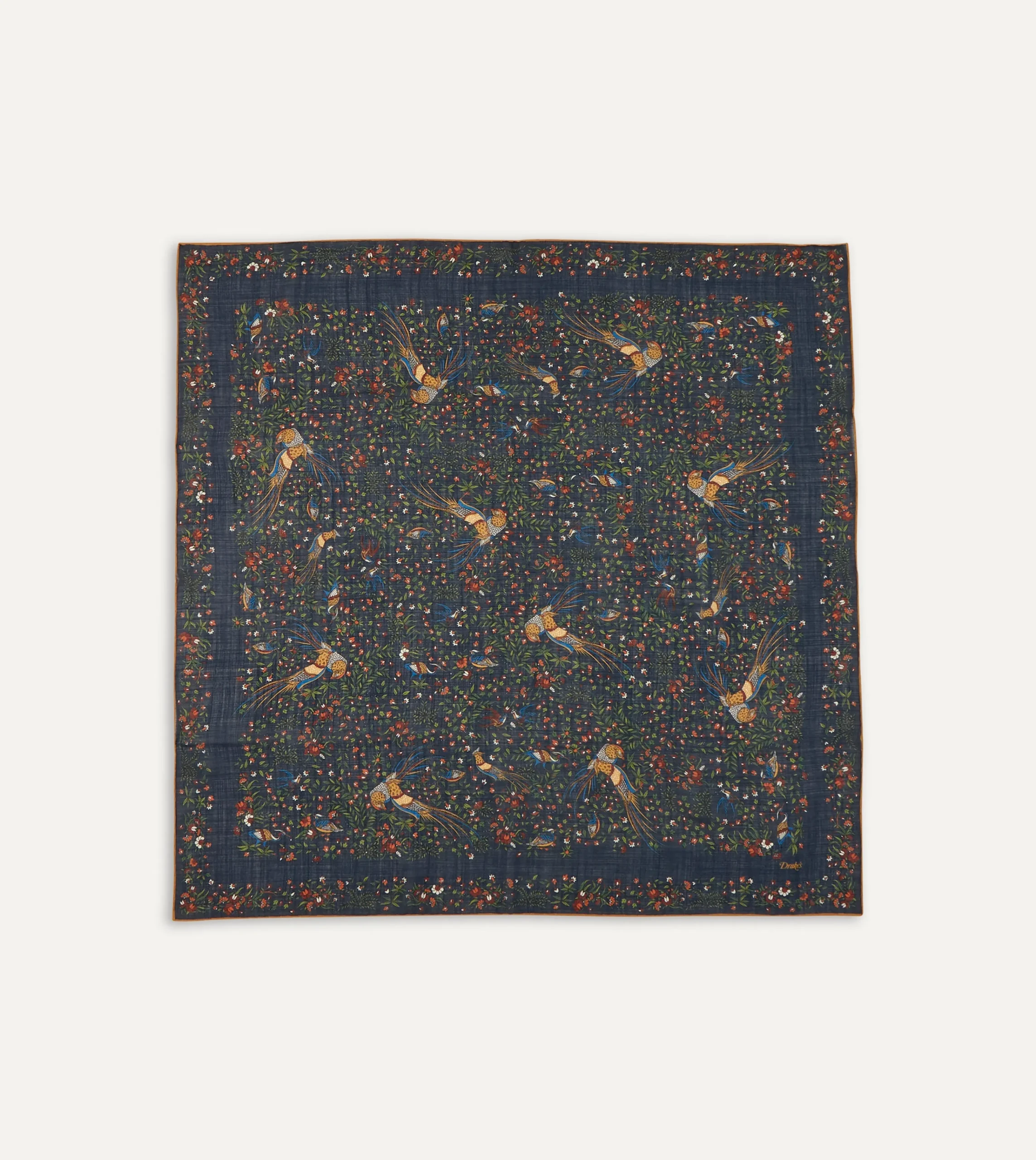 Drake’s Navy Birds Of Paradise Print Wool-Silk Square Scarf