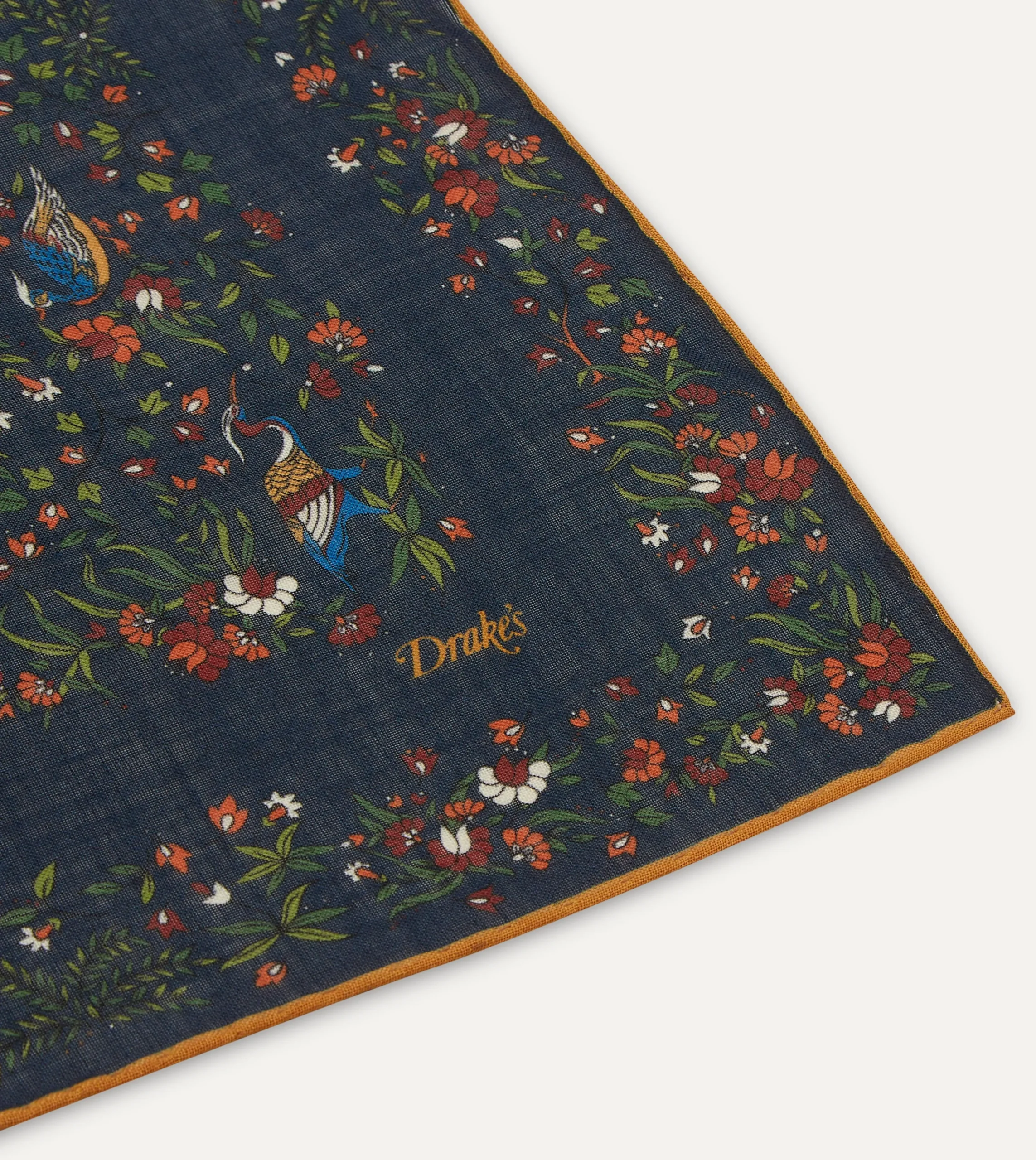 Drake’s Navy Birds Of Paradise Print Wool-Silk Square Scarf
