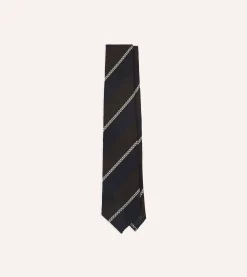 Drake’s Navy, Brown And White Multi Stripe Hand Rolled Silk Grenadine Tie