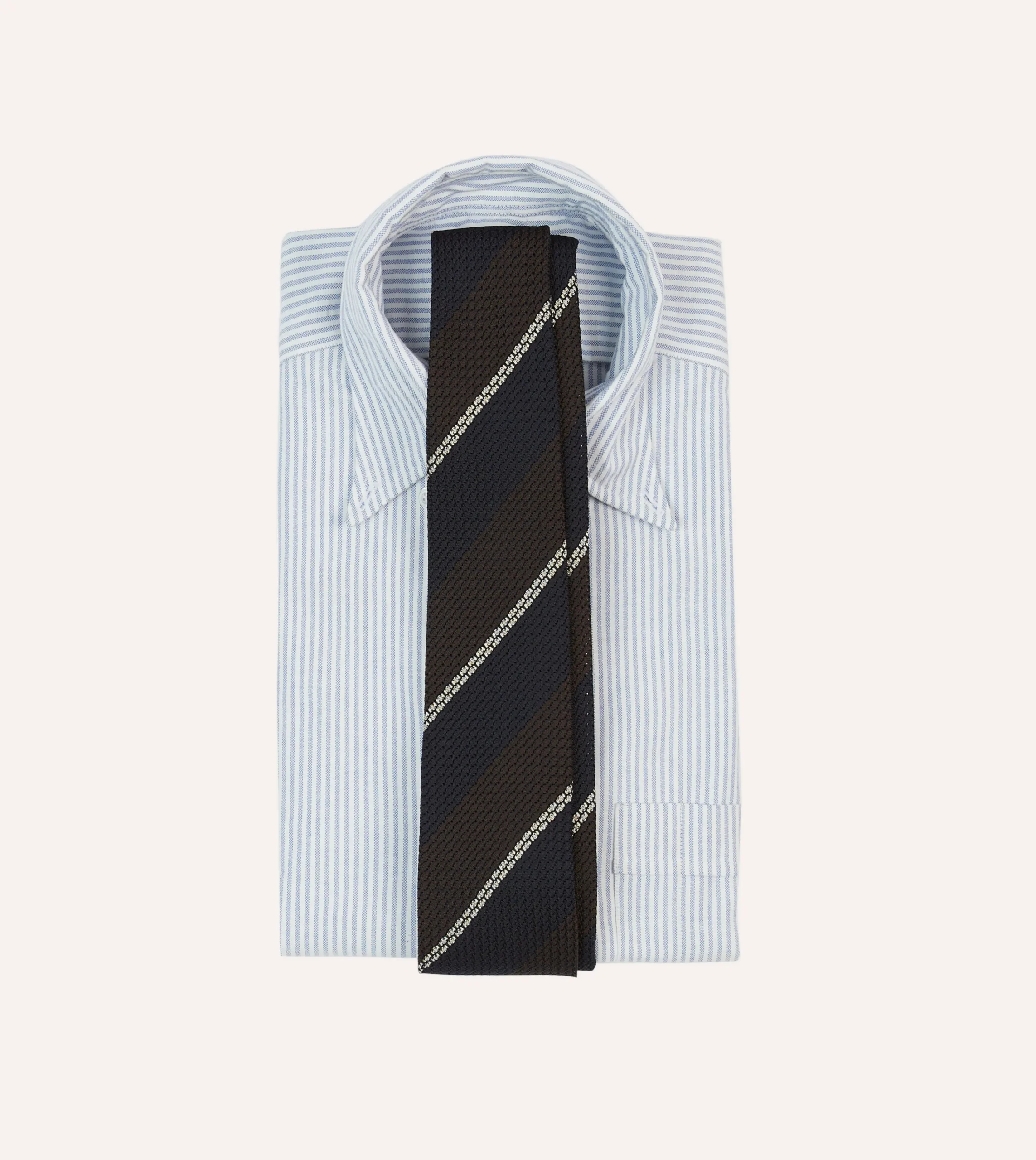 Drake’s Navy, Brown And White Multi Stripe Hand Rolled Silk Grenadine Tie