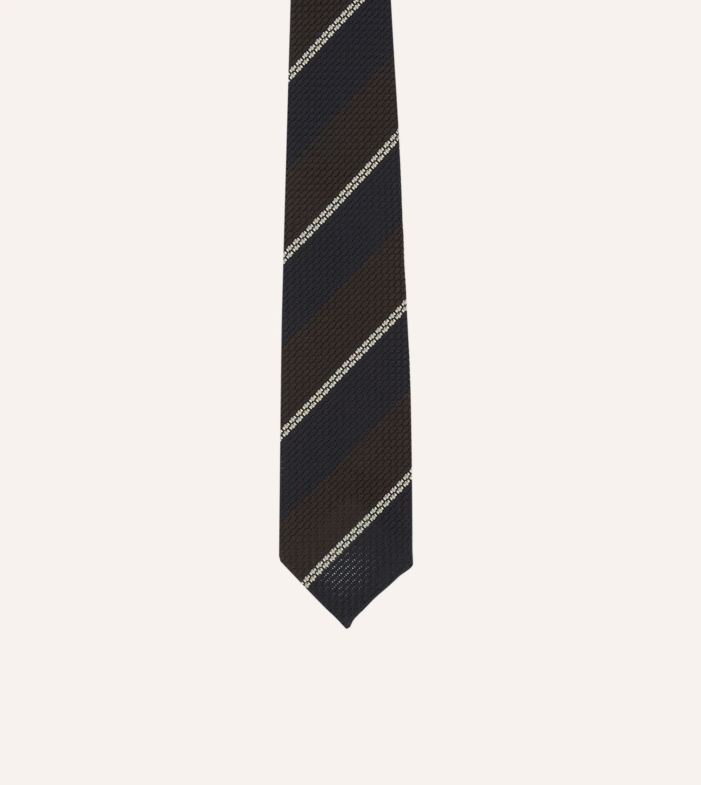 Drake’s Navy, Brown And White Multi Stripe Hand Rolled Silk Grenadine Tie