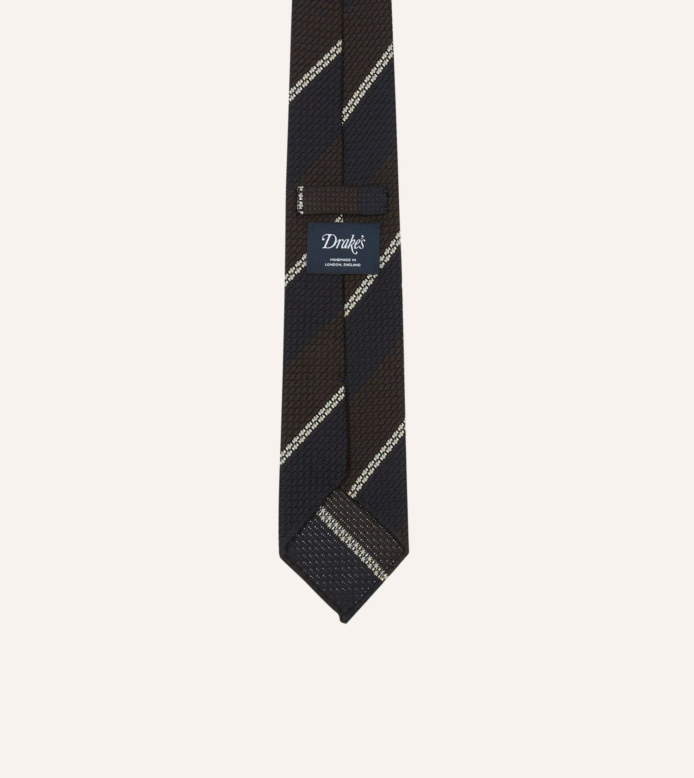 Drake’s Navy, Brown And White Multi Stripe Hand Rolled Silk Grenadine Tie
