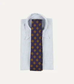 Drake’s Navy Flower Medallion Print Madder Silk Self Tipped Tie