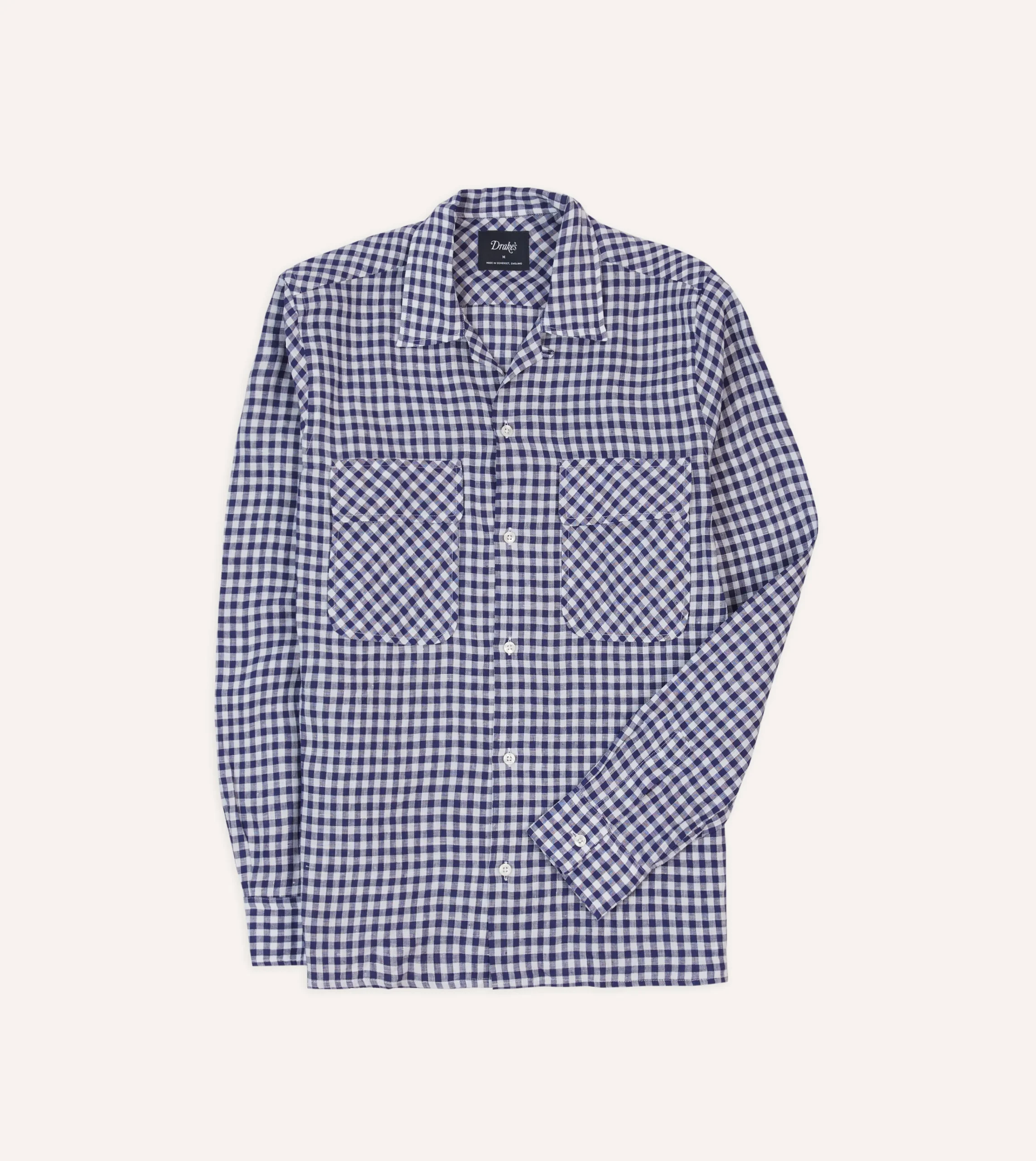 Drake’s Navy Gingham Check Linen Camp Collar Long Sleeve Shirt