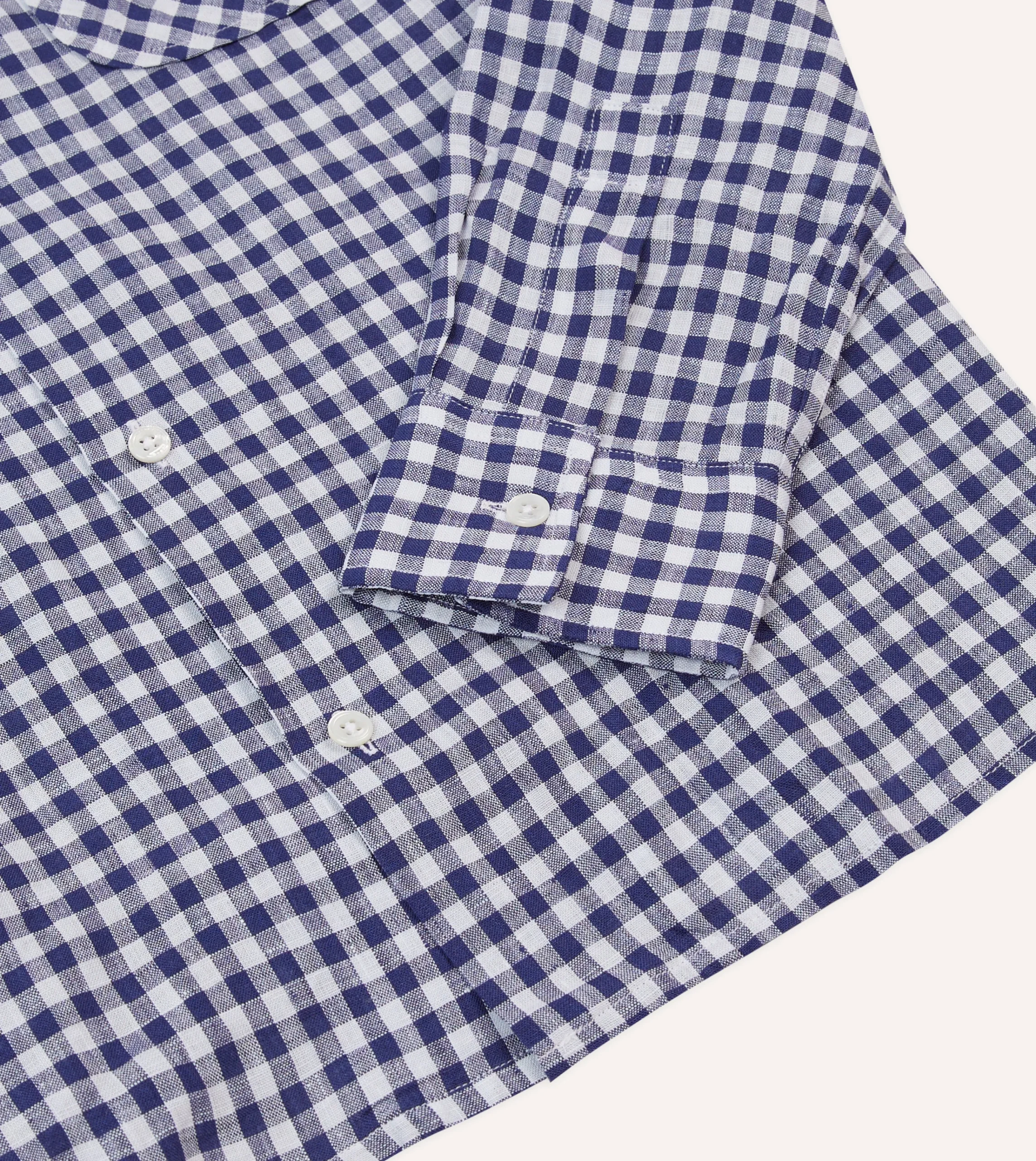 Drake’s Navy Gingham Check Linen Camp Collar Long Sleeve Shirt