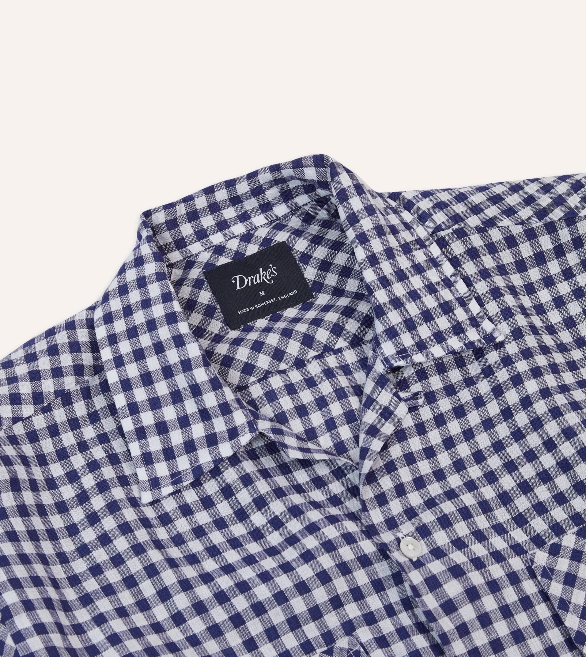 Drake’s Navy Gingham Check Linen Camp Collar Long Sleeve Shirt