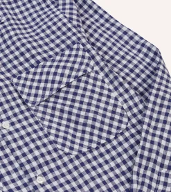 Drake’s Navy Gingham Check Linen Camp Collar Long Sleeve Shirt