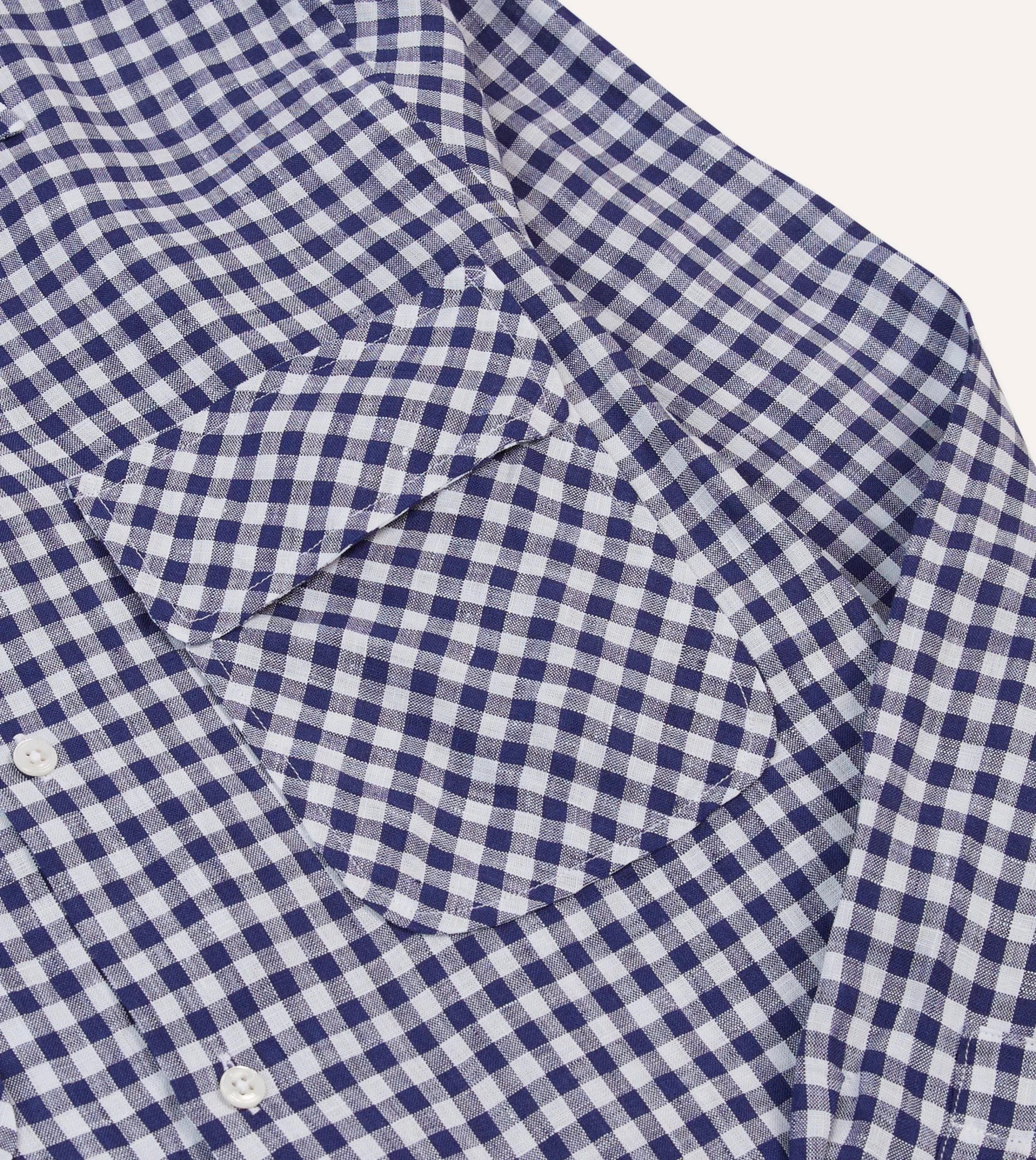 Drake’s Navy Gingham Check Linen Camp Collar Long Sleeve Shirt