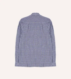 Drake’s Navy Gingham Check Linen Camp Collar Long Sleeve Shirt