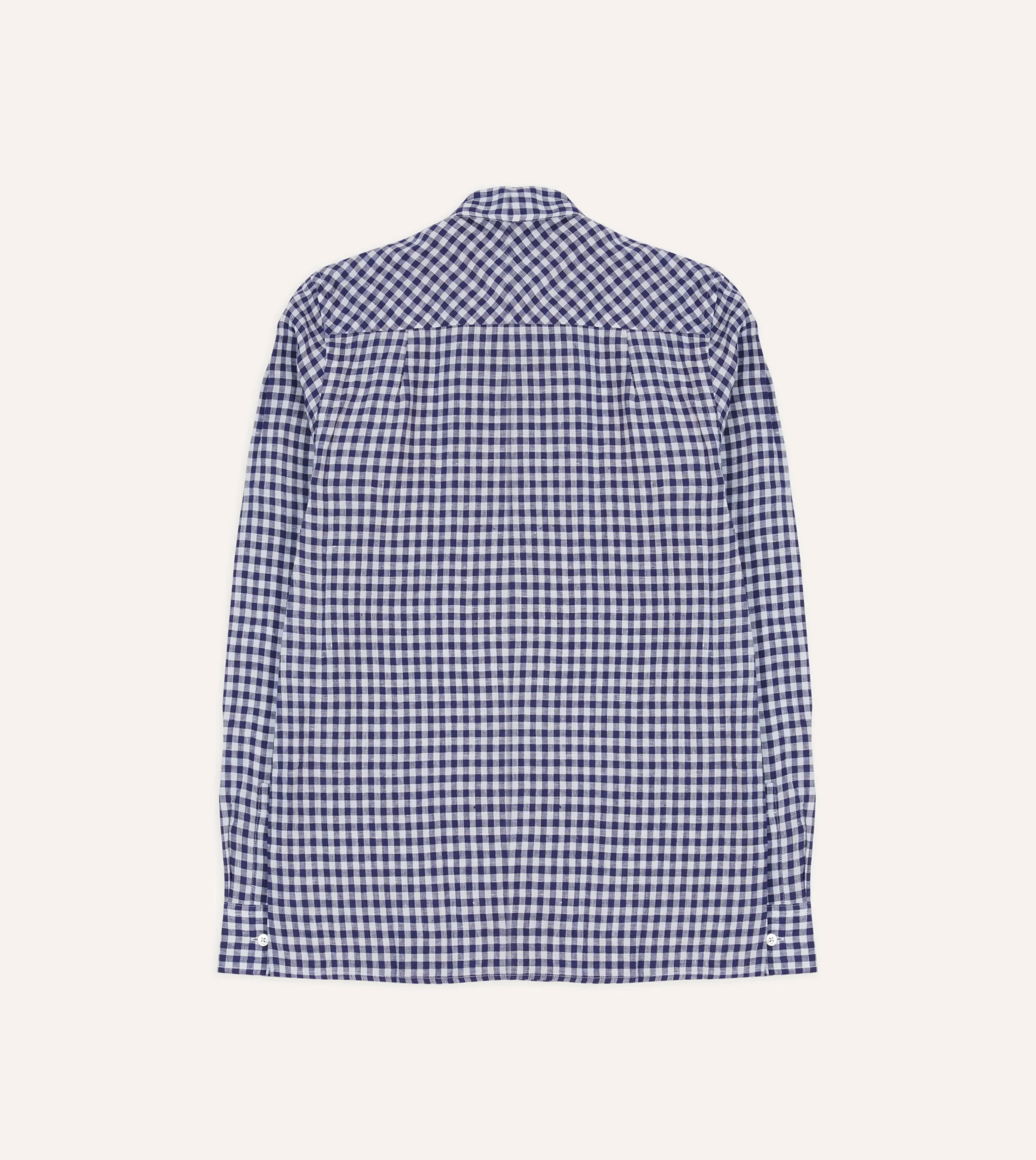Drake’s Navy Gingham Check Linen Camp Collar Long Sleeve Shirt