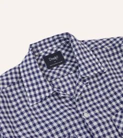 Drake’s Navy Gingham Check Linen Camp Collar Long Sleeve Shirt